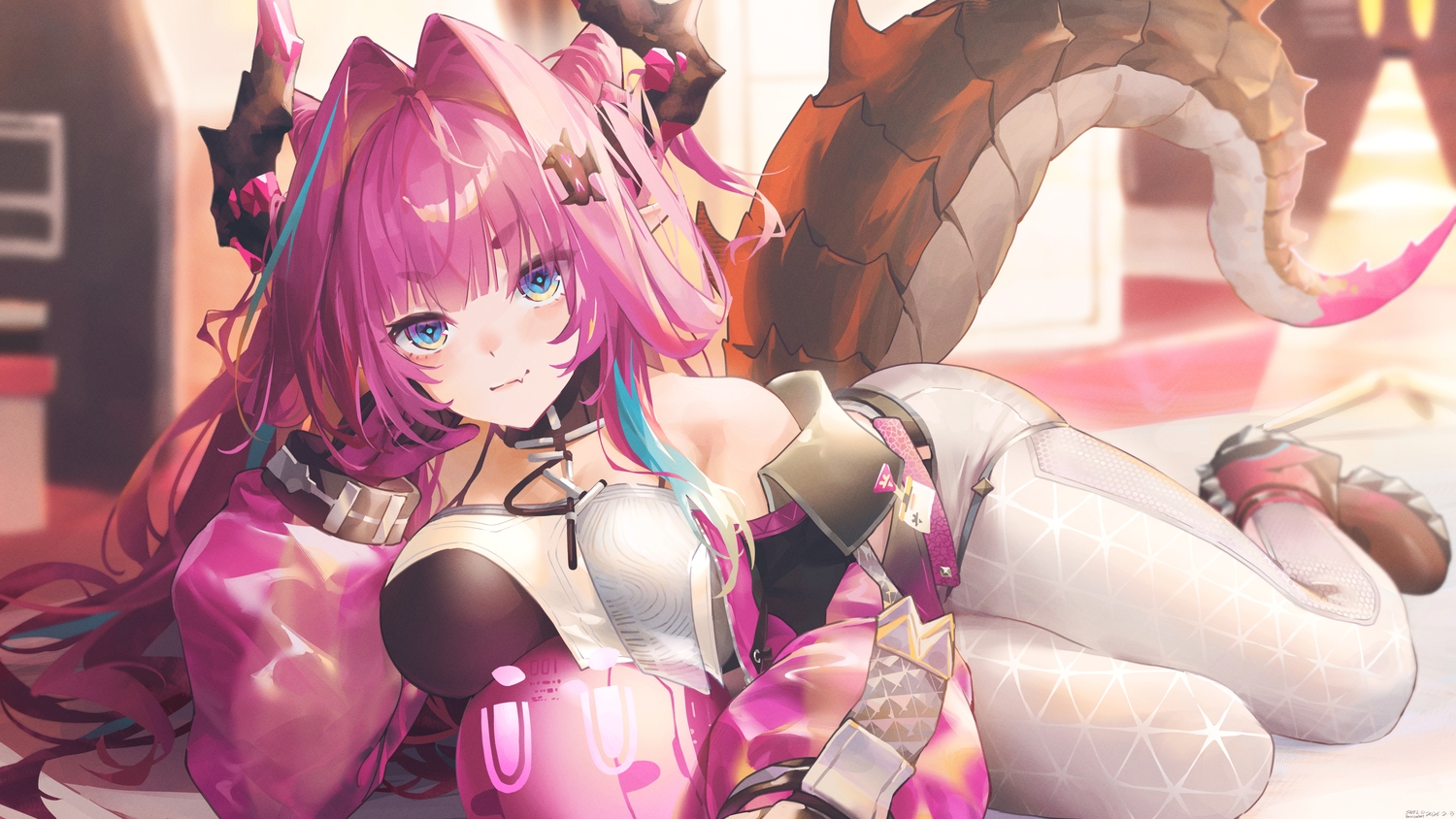 arknights, arknights:_endfield, blush, fang, gloves, horns, long_hair, pink_hair, pointed_ears, robot, signed, swkl:d, tail, yvonne_(arknights)