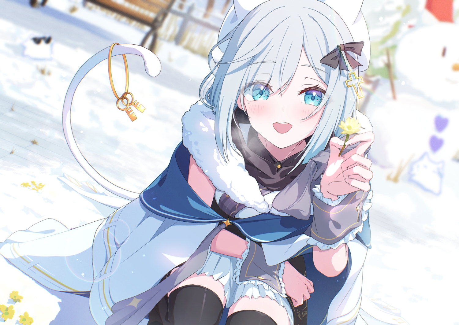 aqua_eyes, blush, bow, cape, cross, flowers, gray_hair, hat