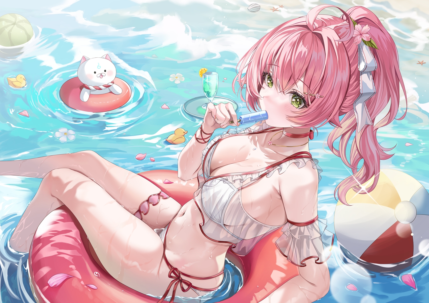 ball, bikini, blush, choker, drink, flowers, food, fruit, garter, green_eyes, hololive, long_hair, mi_ke0224, navel, necklace, petals, pink_hair, ponytail, popsicle, rubber_duck, sakura_miko, see_through, swim_ring, swimsuit, water, watermelon, wet