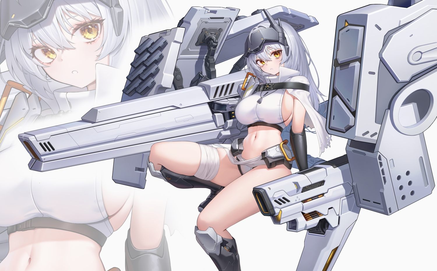 bandage, breasts, chun_bae, goddess_of_victory:_nikke, gray_hair, long_hair, mechagirl, navel