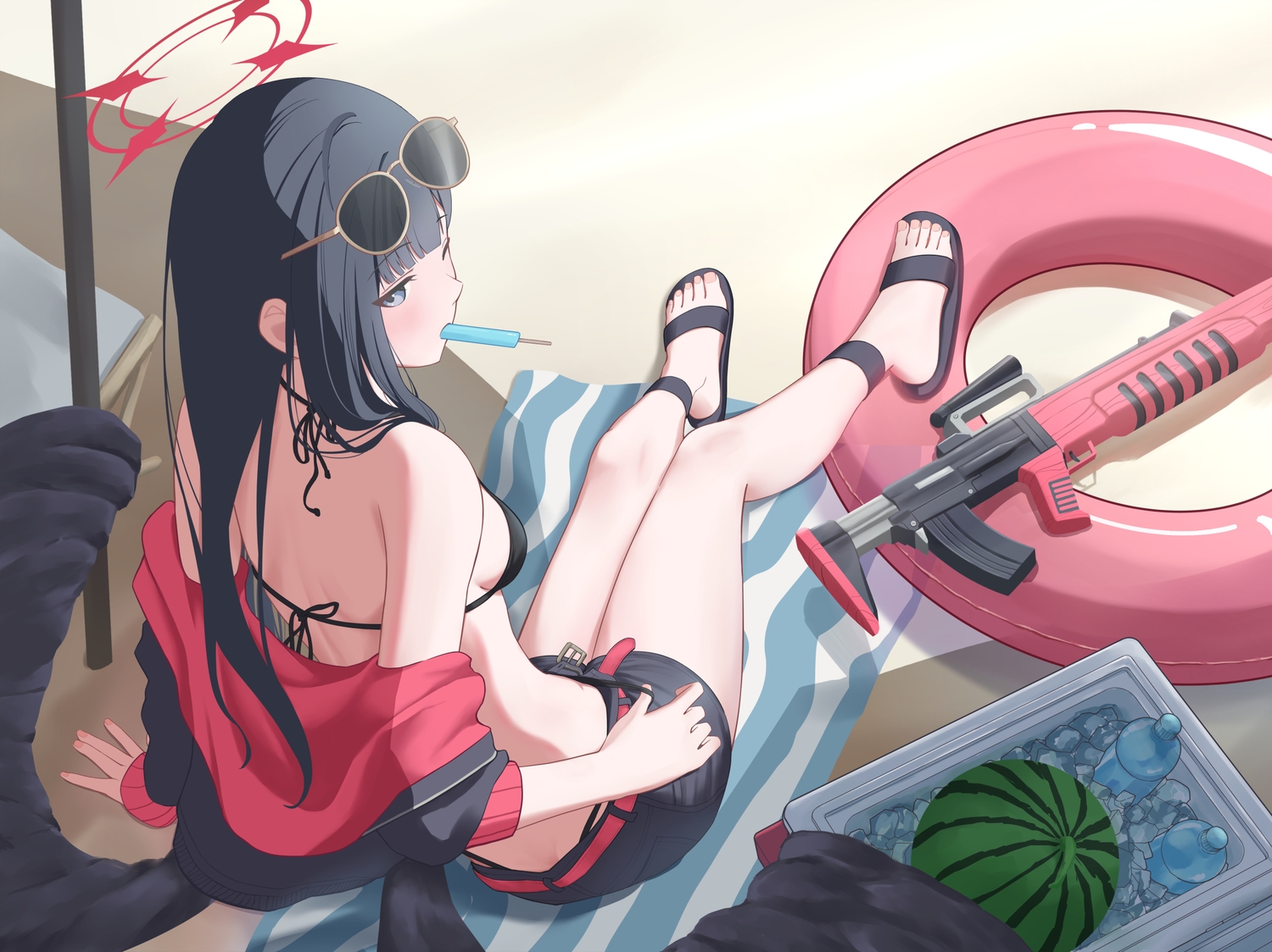 bikini, black_hair, blue_archive, food, fruit, gray_eyes, gun, halo