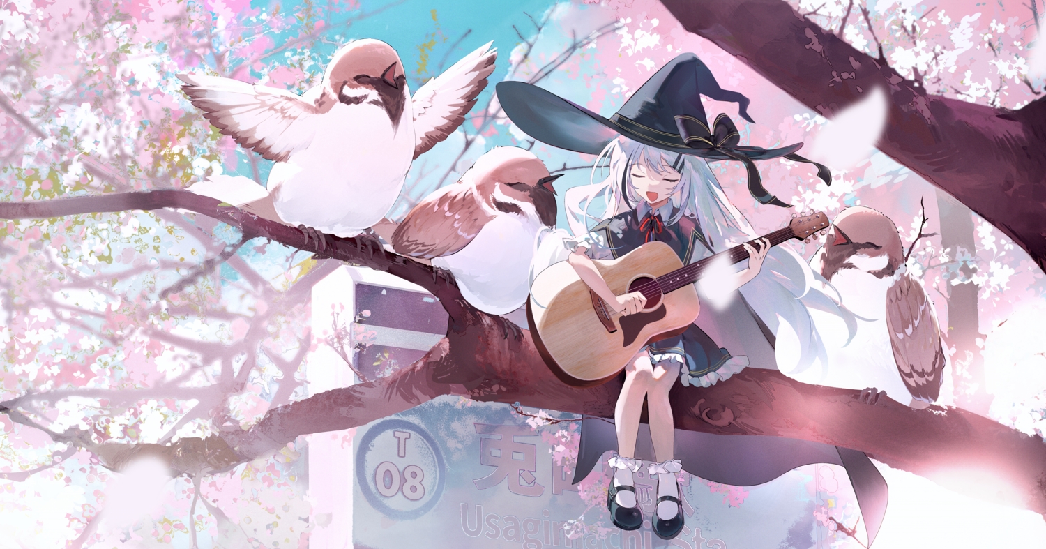 amano_(amn_amn), animal, bird, bow, cherry_blossoms, clouds, dress, flowers, gray_hair, guitar, hat, instrument, long_hair, original, skirt, sky, socks, spring, tree, witch, witch_hat