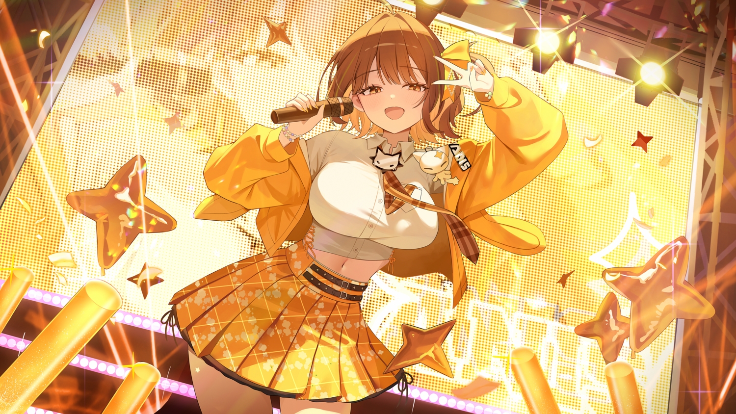 anis_(nikke), blush, brown_eyes, brown_hair, goddess_of_victory:_nikke, microphone, nannung, navel