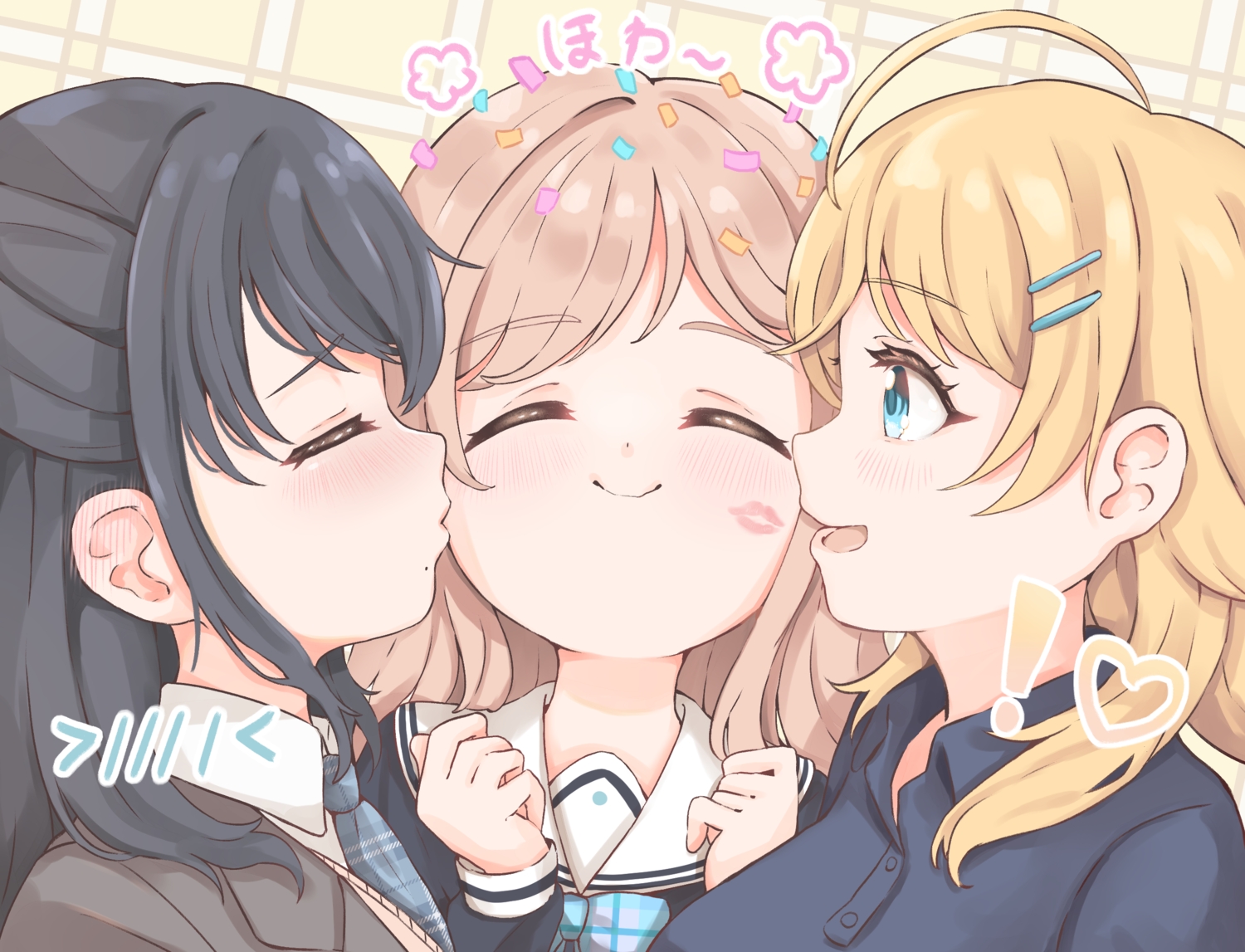 aqua_eyes, black_hair, blonde_hair, blush, bow, brown_hair, close, hachimiya_meguru