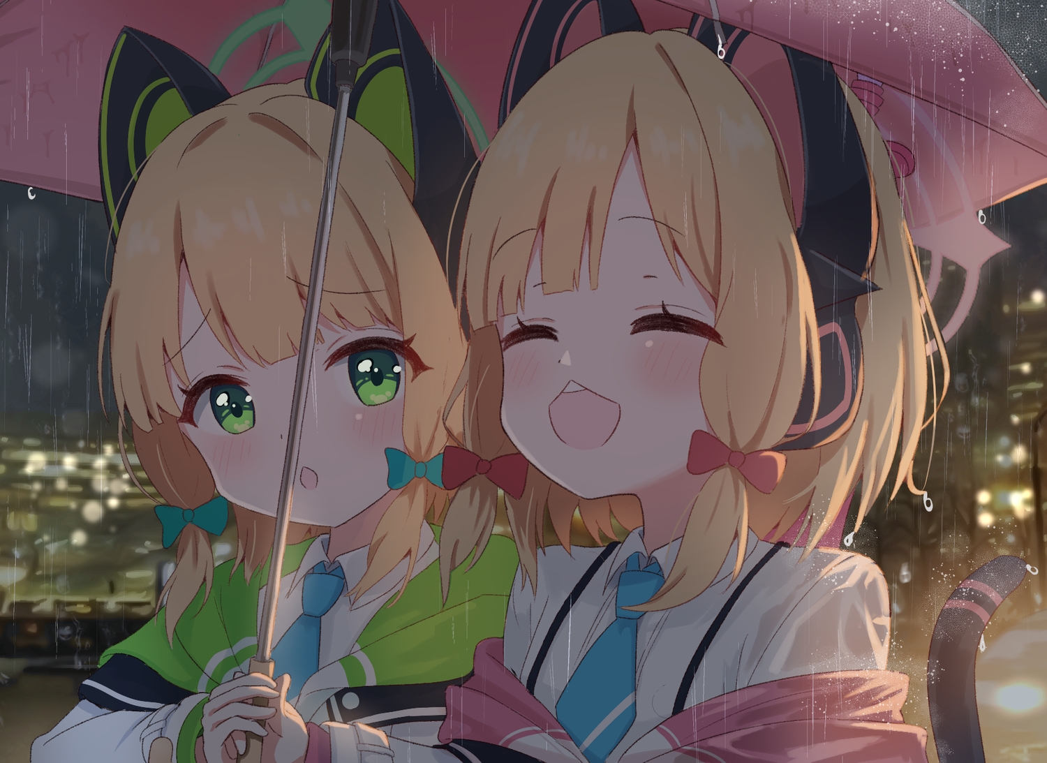 2girls, animal_ears, blonde_hair, blue_archive, blush, bow, catgirl, cat_smile