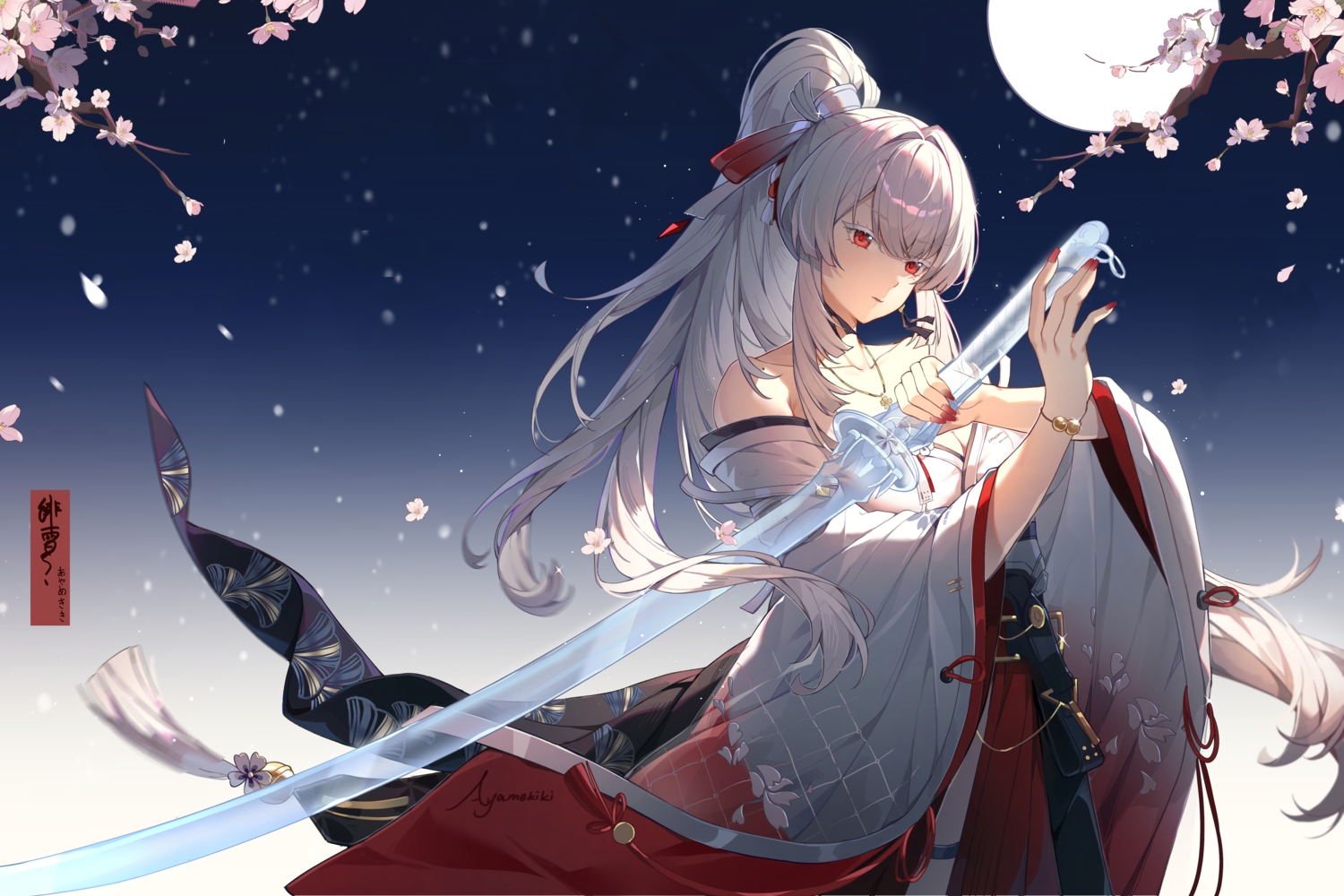 ayamekiki, breasts, cherry_blossoms, cleavage, flowers, gradient, gray_hair, hiyuki_(wuthering_waves)
