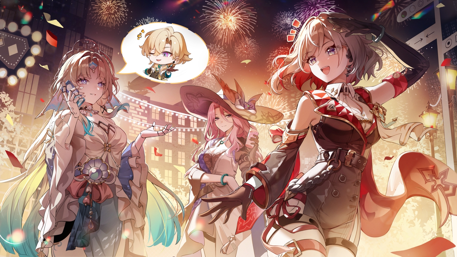 aventurine_(honkai:_star_rail), blonde_hair, building, chibi, city, datsha, dress, fireworks
