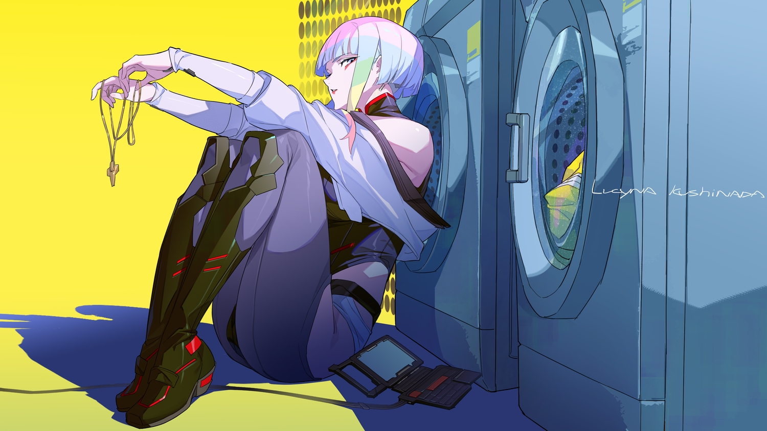 bigroll, boots, cyberpunk_2077, cyberpunk:_edgerunners, gray_eyes, gray_hair, leotard, lucy_(cyberpunk)
