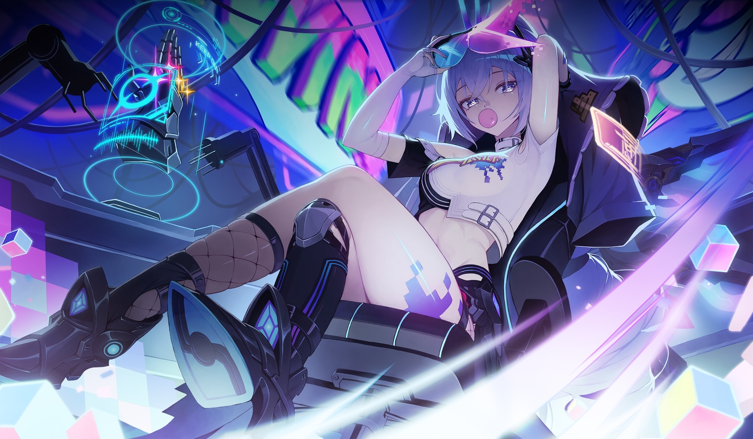 bowlp, candy, elbow_gloves, gloves, goggles, gray_eyes, gray_hair, honkai_(series), honkai:_star_rail, kneehighs, long_hair, navel, ponytail, silver_wolf_(honkai:_star_rail)
