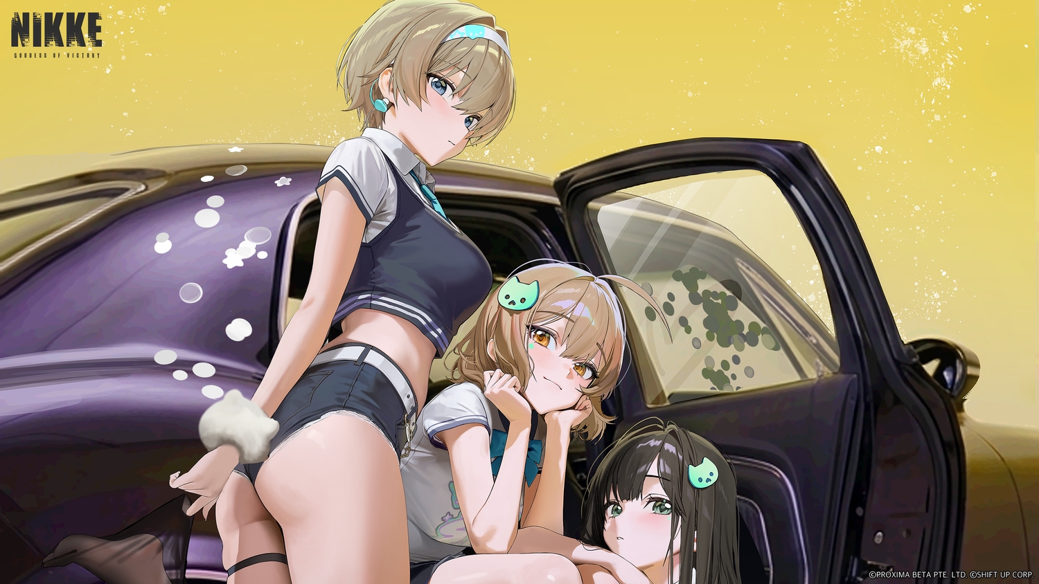 anis_(nikke), aqua_eyes, ass, black_hair, blue_eyes, bow, brown_hair, car