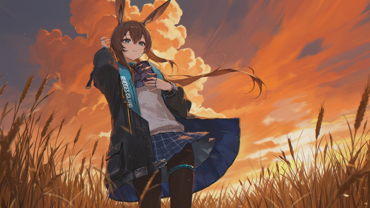 amiya_(arknights), animal_ears, arknights, blue_eyes, brown_hair, bunny_ears, bunnygirl, clouds, garter, grass, long_hair, pantyhose, ponytail, school_uniform, sky, sunset, toi1et_paper