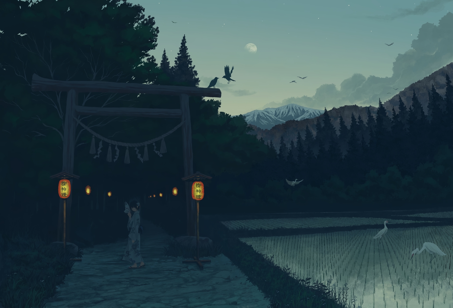 animal, bird, clouds, dark, gensuke, grass, japanese_clothes, mask