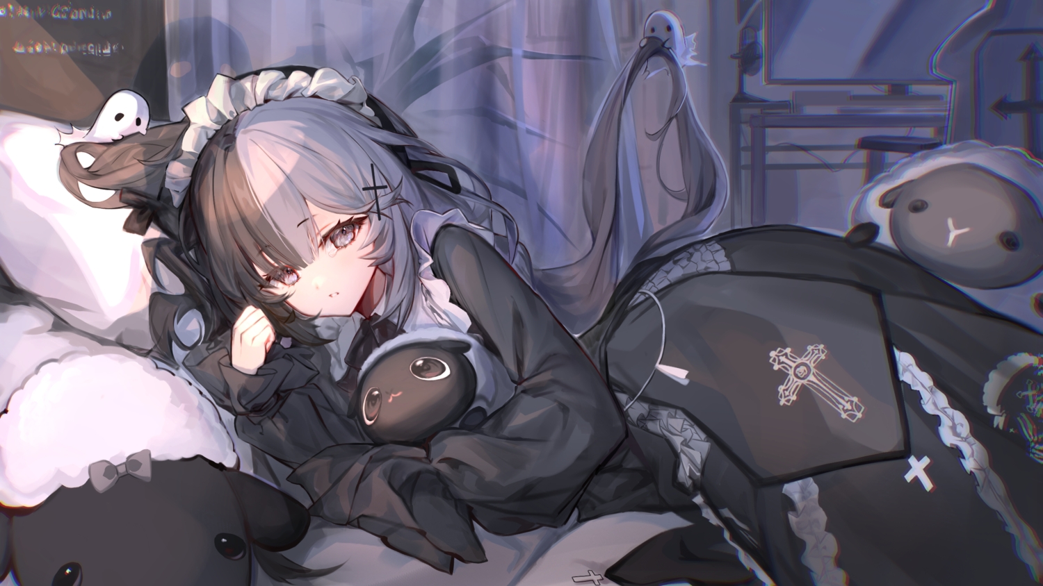 animal, bed, computer, cross, goth-loli, gray_eyes, gray_hair, lolita_fashion