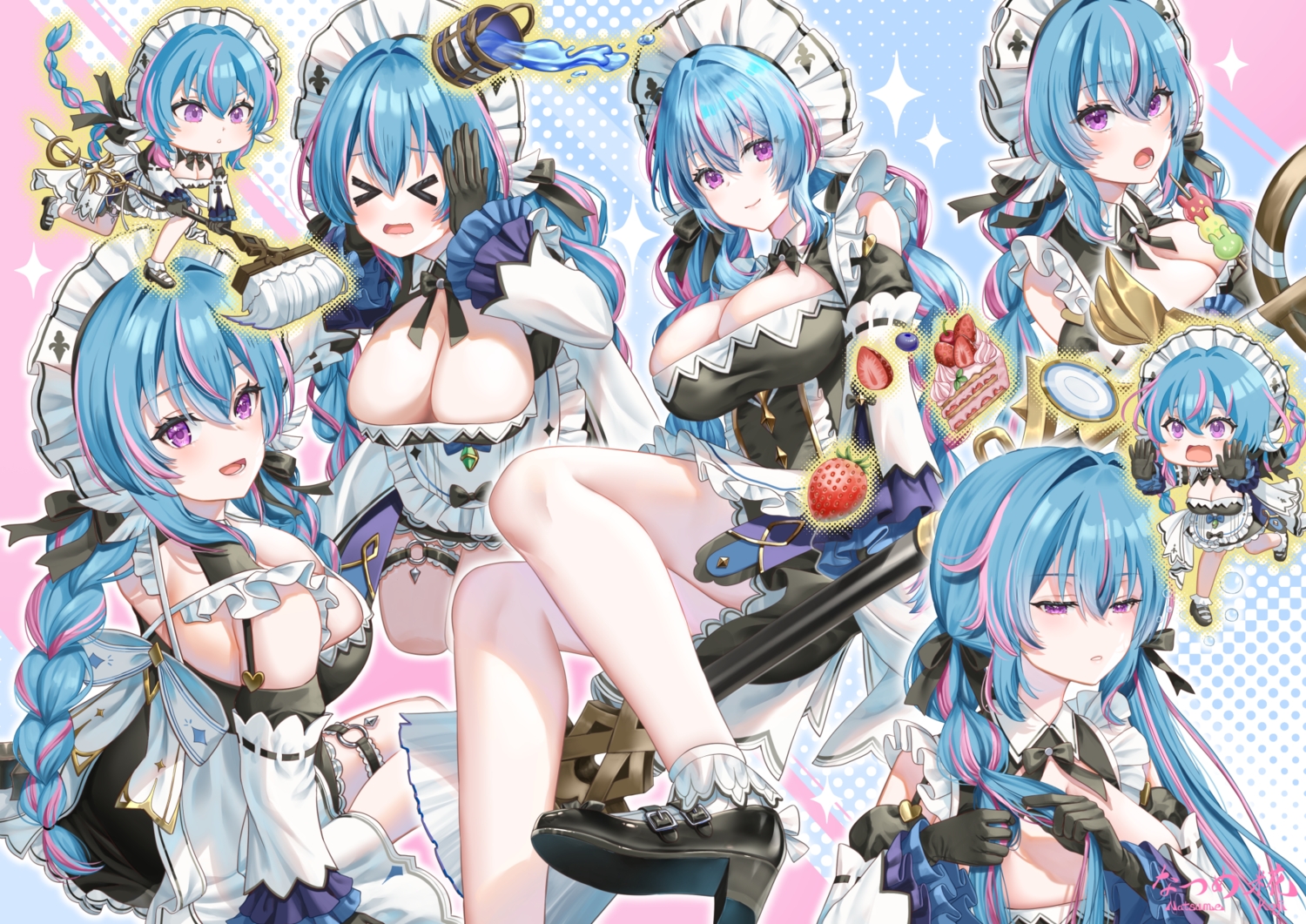 bow, braids, breasts, cake, chibi, cleavage, food, fruit