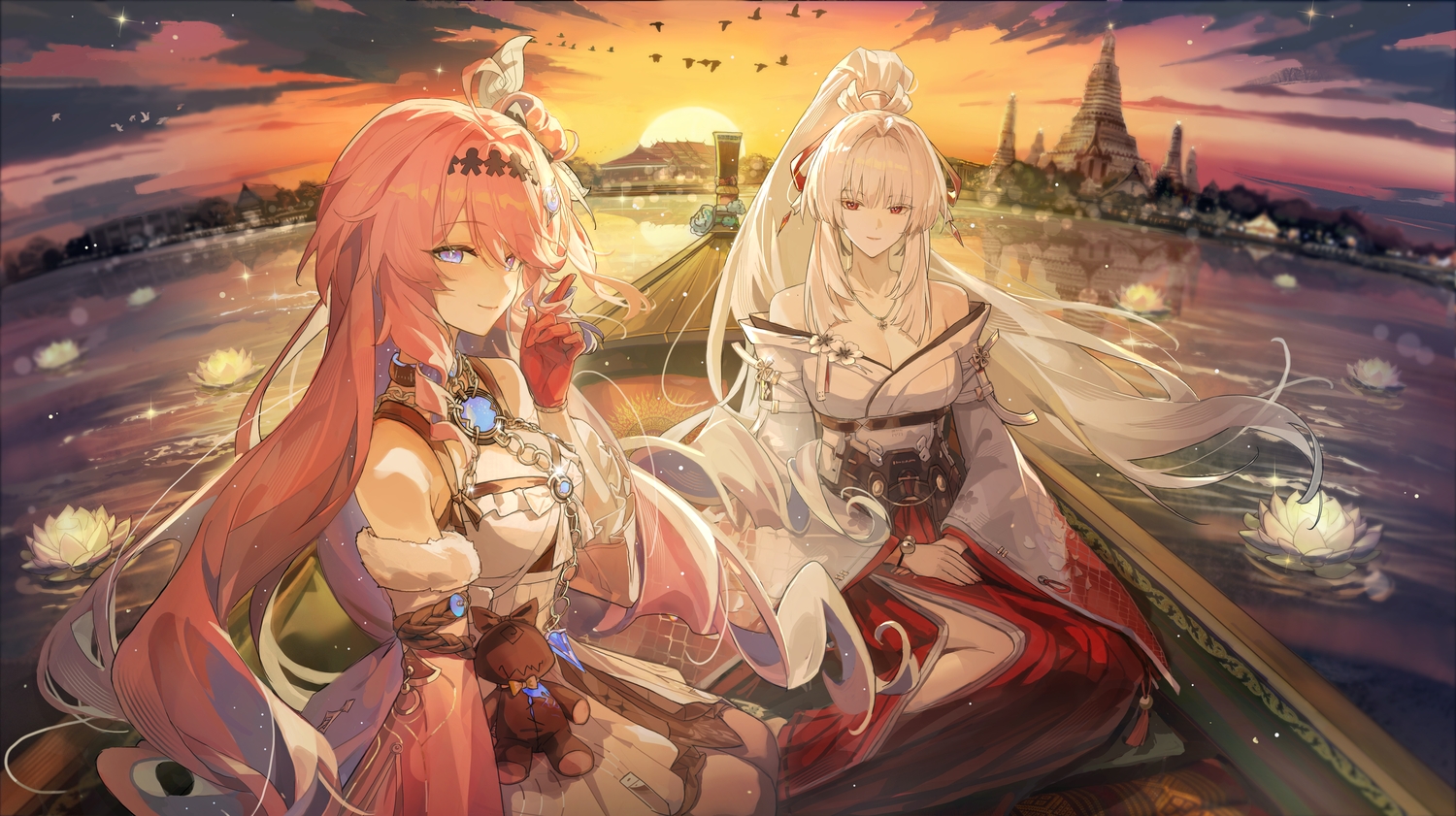 2girls, boat, breasts, building, cleavage, clouds, denia_(wuthering_waves), doll