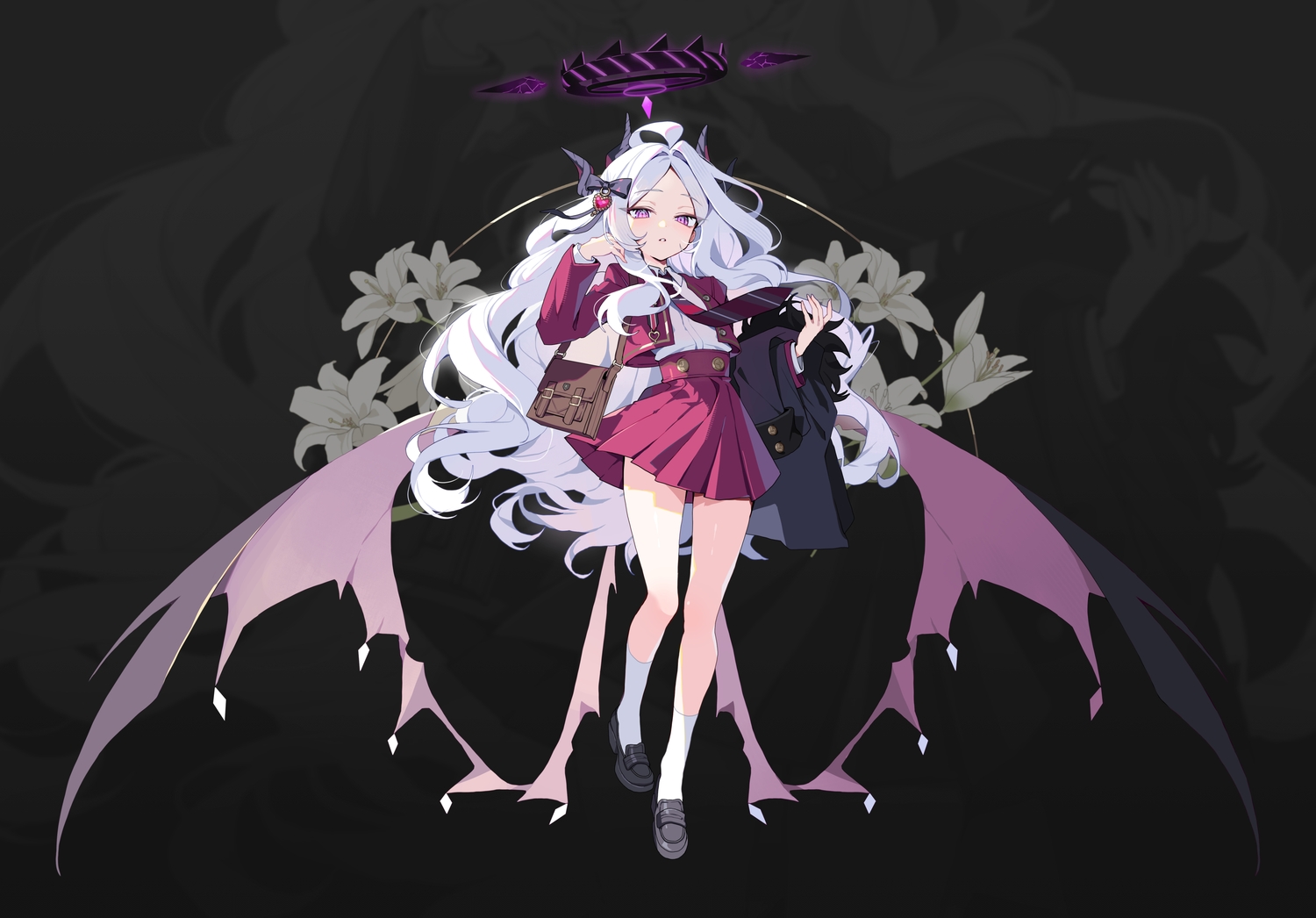 black, blue_archive, bow, flowers, gray_hair, halo, horns, long_hair