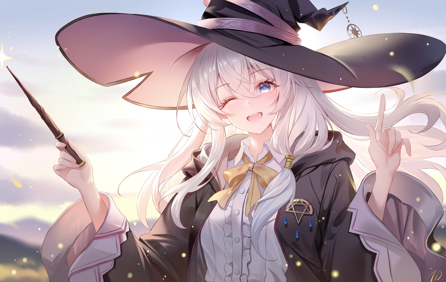 blue_eyes, blush, bow, close, clouds, elaina_(majo_no_tabitabi), gray_hair, hat