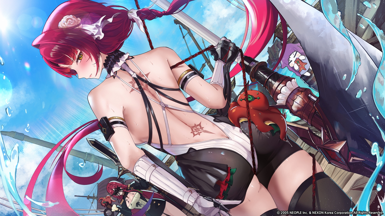armor, ass, blush, boat, braids, breasts, chain, chibi, choker, cleavage, clouds, dungeon_and_fighter, elbow_gloves, fang, gimyogi, gloves, long_hair, ponytail, purple_hair, red_hair, scythe, skirt, sky, spear, tagme_(character), tattoo, thighhighs, water, watermark, weapon, yellow_eyes, zettai_ryouiki