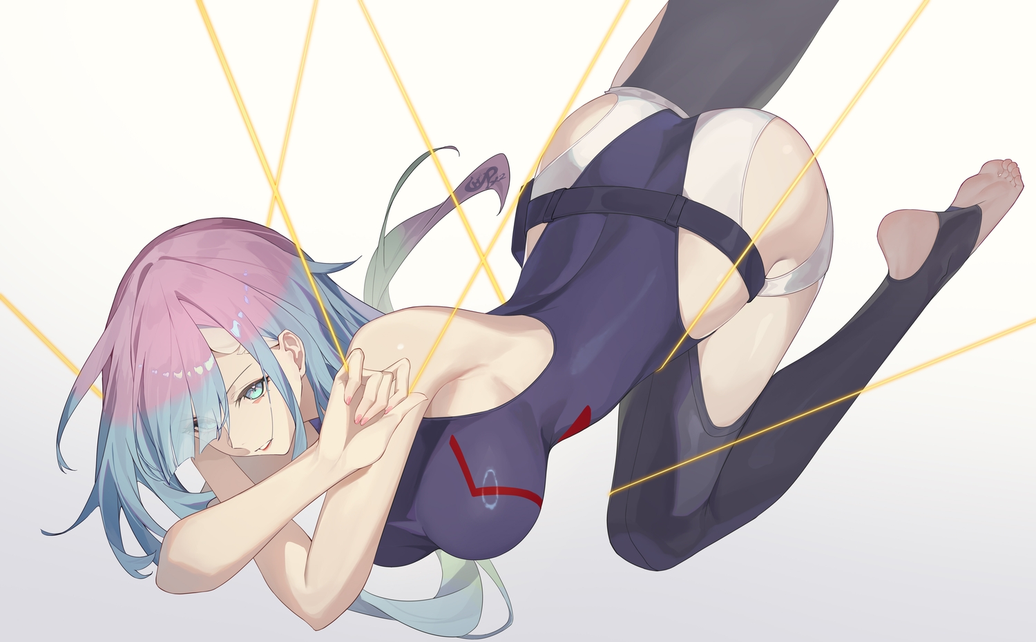 aqua_eyes, ass, barefoot, bodysuit, breasts, chahu_pao, cyberpunk_2077, cyberpunk:_edgerunners, gradient, long_hair, lucy_(cyberpunk), pink_hair, skintight, weapon, wuthering_waves