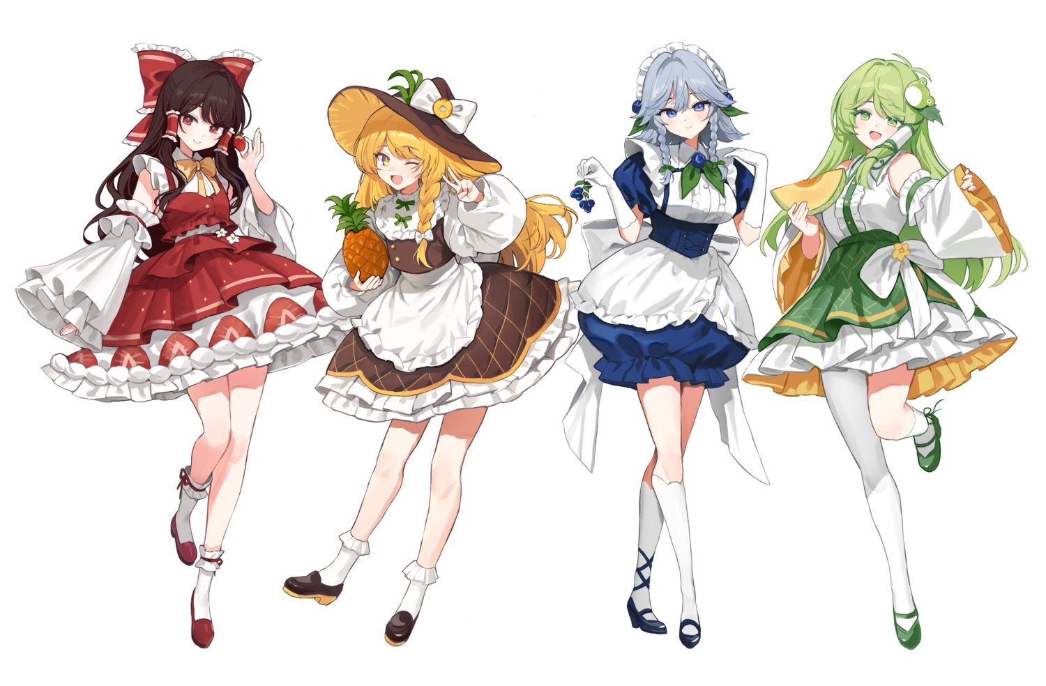 apron, blonde_hair, blue_eyes, bow, braids, brown_hair, dress, elbow_gloves