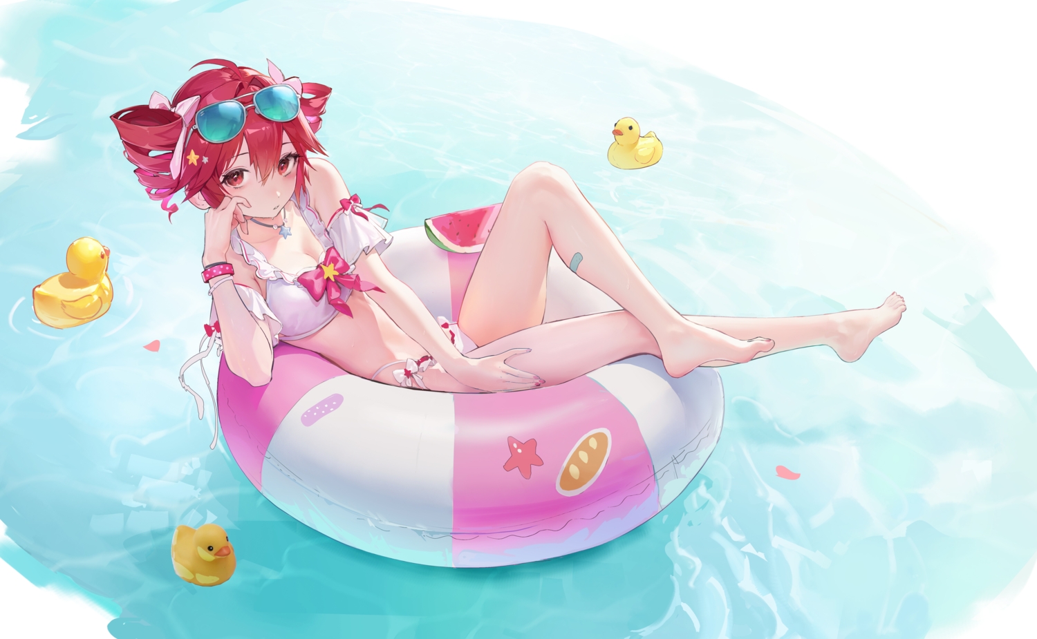 bandaid, barefoot, bikini, food, fruit, jpeg_artifacts, kasane_teto, red_eyes