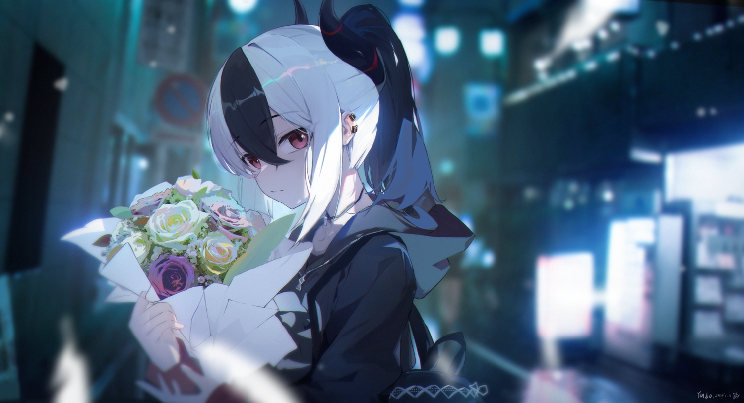 blue_archive, building, choker, city, close, flowers, horns, long_hair