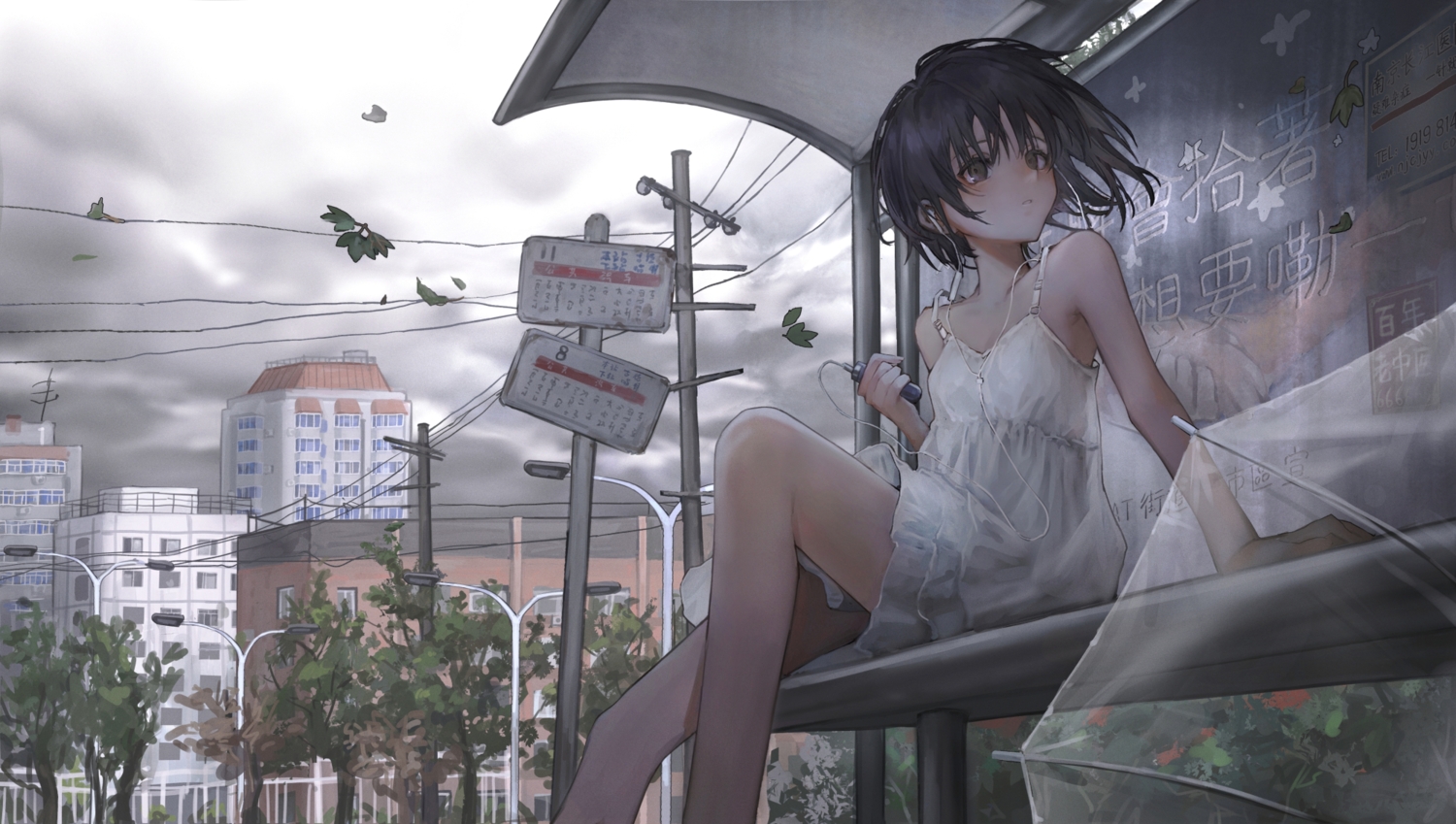 black_eyes, black_hair, building, catzz, city, clouds, dress, flat_chest, headphones, original, short_hair, sky, summer_dress, tree, umbrella