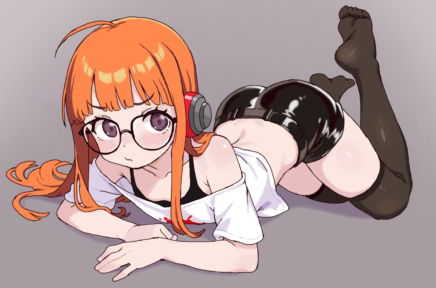 ass, blush, gray, headphones, long_hair, nattocurryumeee, orange_hair, persona