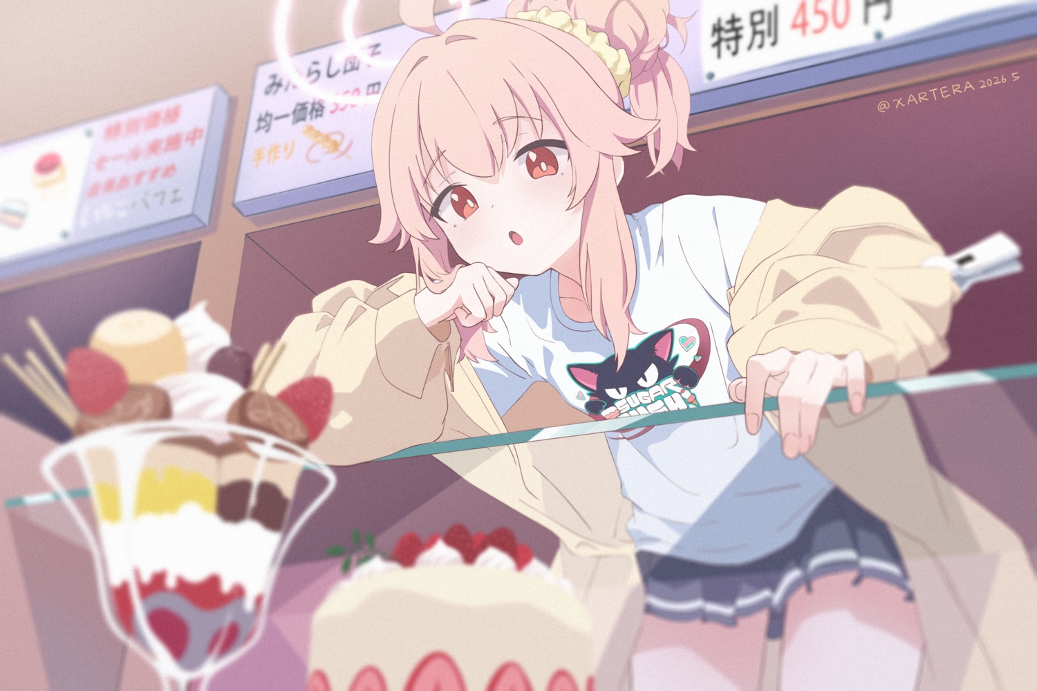 blue_archive, cake, food, fruit, halo, ice_cream, pink_hair, ponytail