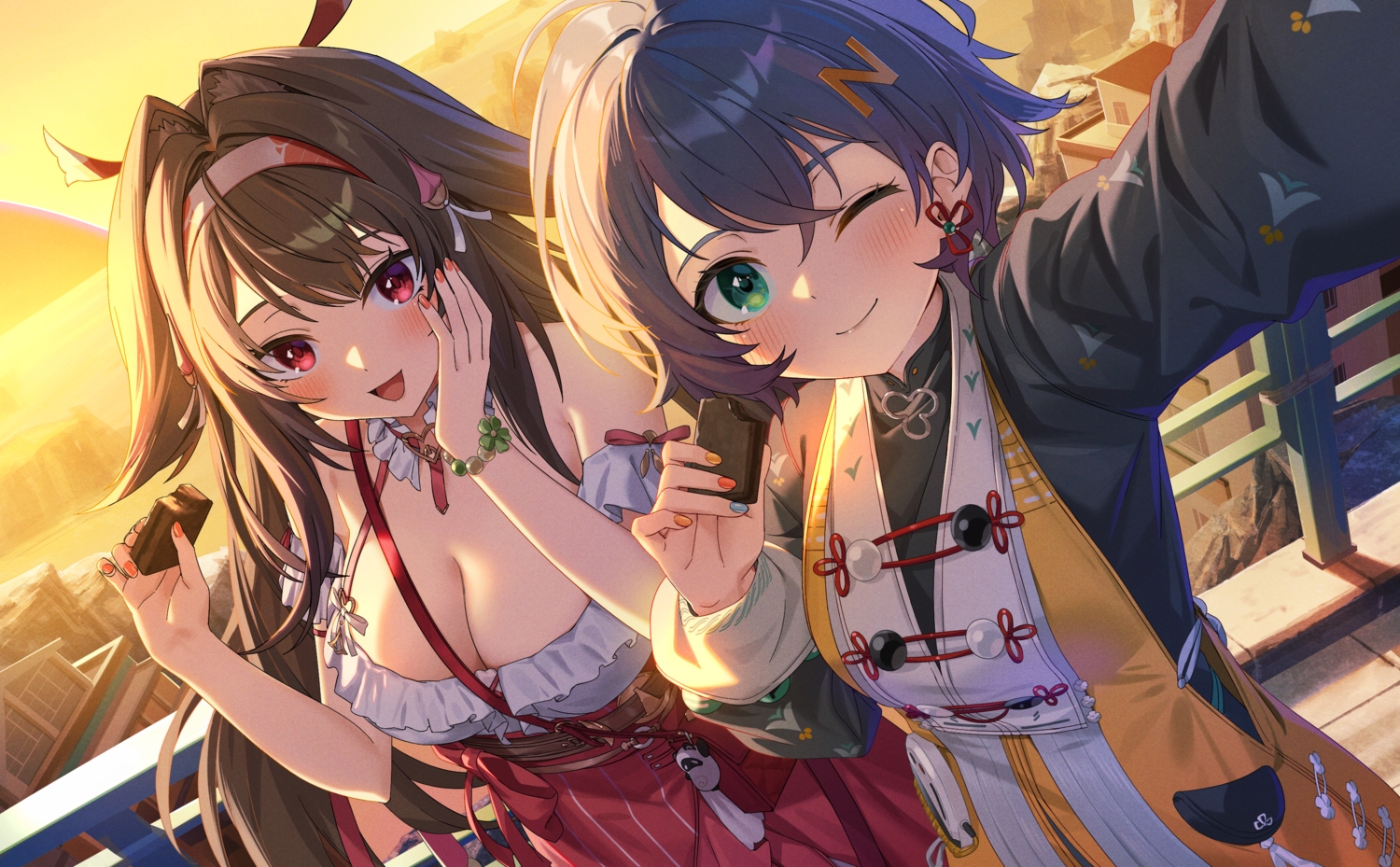 2girls, aliasing, aqua_eyes, belle_(zenless_zone_zero), blue_hair, blush, breasts, brown_hair