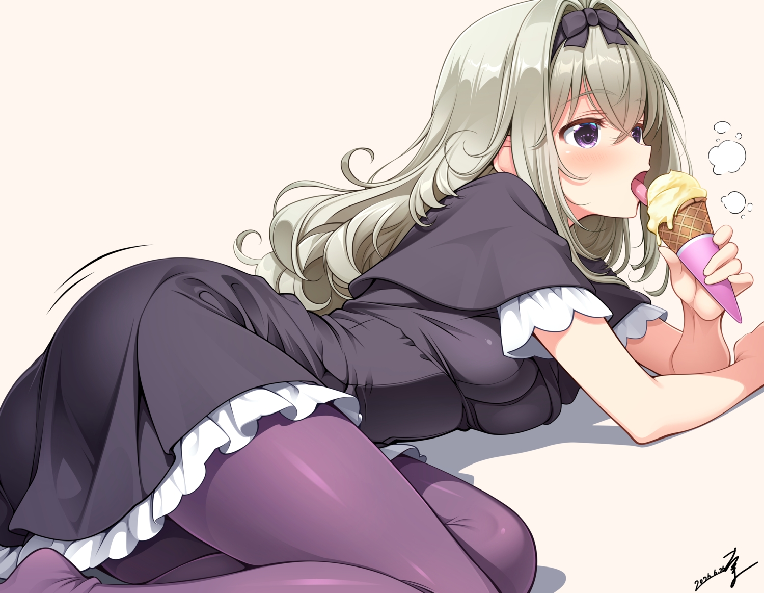 blush, bow, cape, dress, food, gray_hair, headband, ice_cream