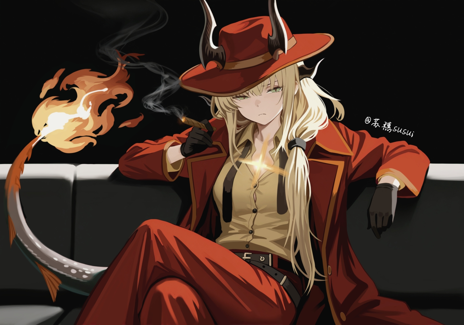 arknights, blonde_hair, cosplay, couch, crossover, fire, gloves, green_eyes