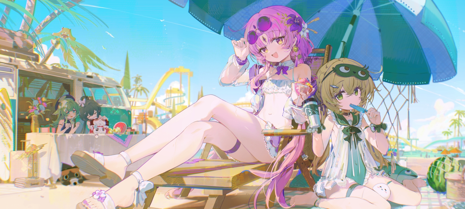 beach, bikini, black_hair, bow, car, clouds, coria, drink