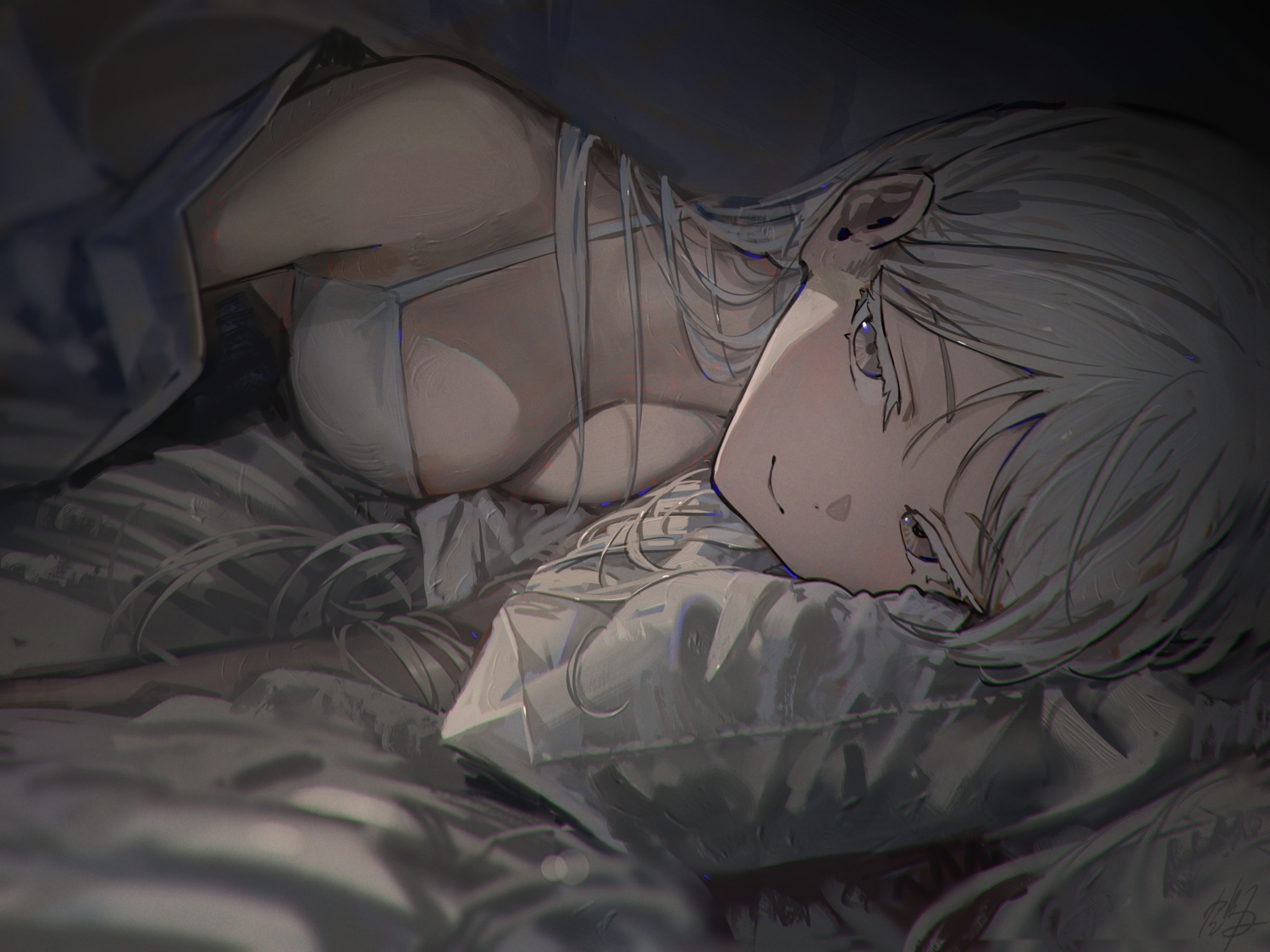 ass, bed, bikini, blue_archive, breasts, cleavage, close, dark