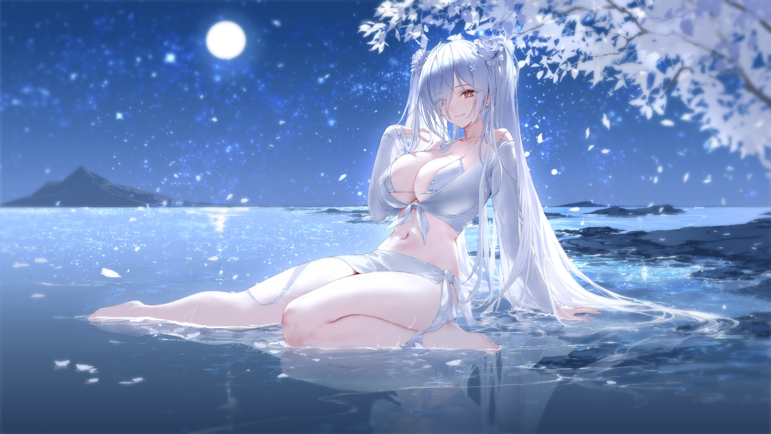 bikini, breasts, cinderella_(nikke), cleavage, goddess_of_victory:_nikke, gray_hair, leaves, long_hair, moon, night, red_eyes, reflection, swd3e2, swimsuit, tree, water