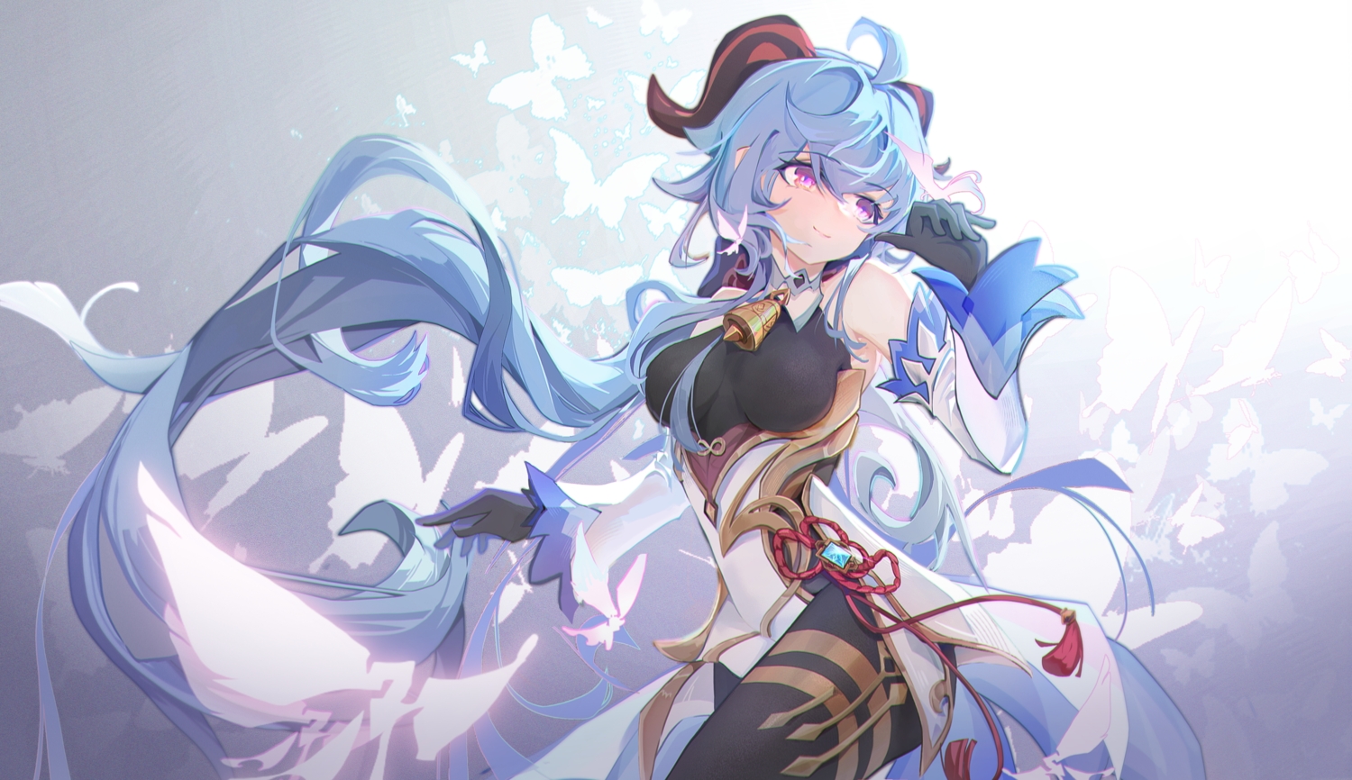 bell, blue_hair, bodysuit, butterfly, dress, ganyu_(genshin_impact), genshin_impact, gloves