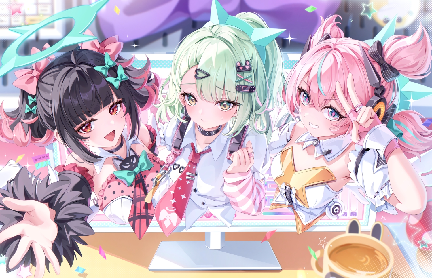 aida_noa, angel, aria_(zenless_zone_zero), bandaid, black_hair, bow, close, computer