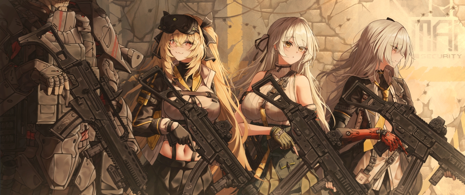 armor, blitz_predator, blonde_hair, cat_smile, commander_(girls_frontline), cropped, girls_frontline, girls_frontline_2, gloves, goggles, gray_hair, group, gun, lainie_(girls_frontlien_2), lenna_(girls_frontline_2), leva_(girls_frontline_2), long_hair, military, navel, red_eyes, skirt, techgirl, tie, ump-40_(girls_frontline), ump-45_(girls_frontline), ump-9_(girls_frontline), weapon, yellow_eyes