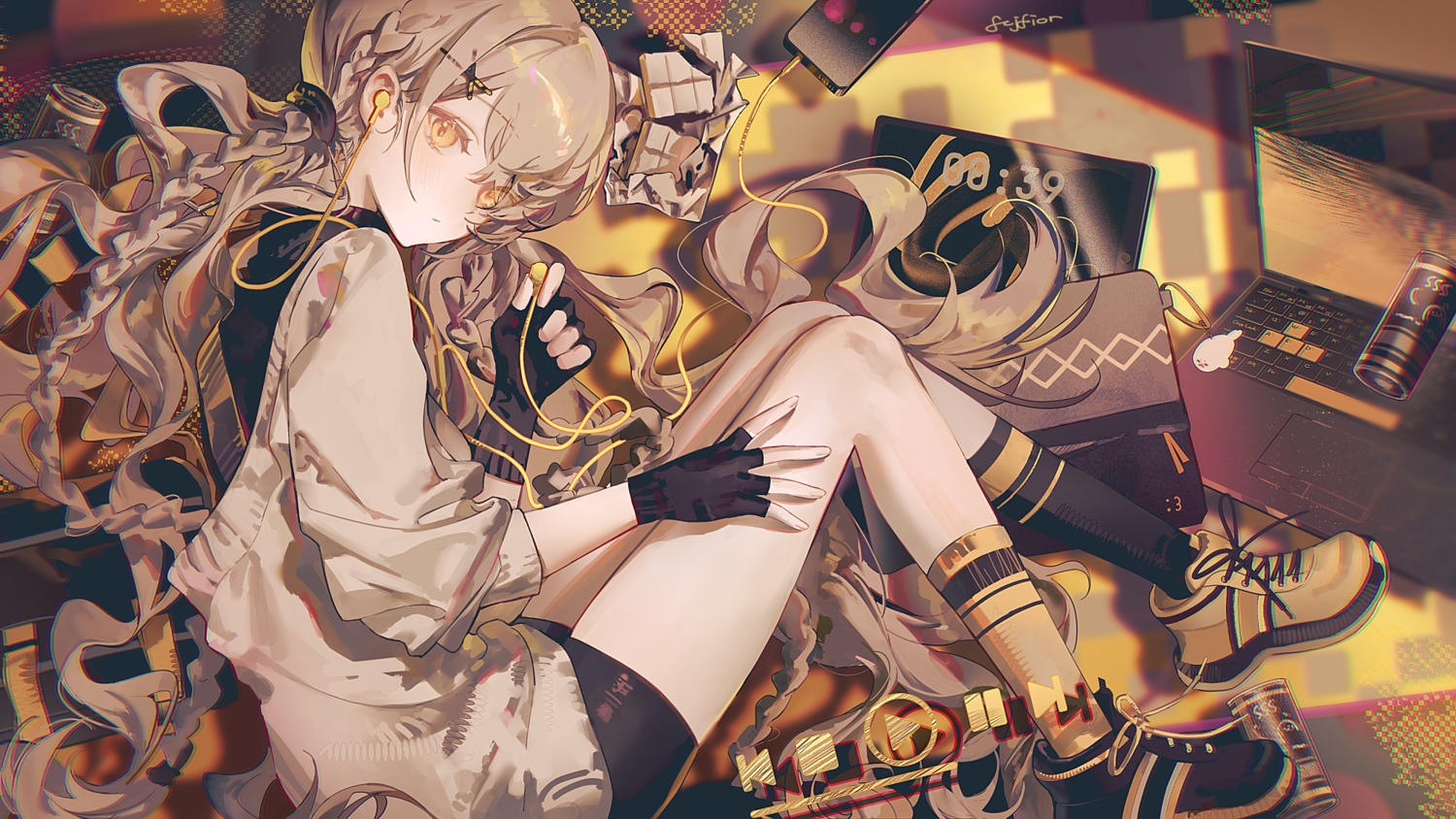 bike_shorts, blush, braids, brown_hair, candy, chocolate, computer, drink, fcjfior, gloves, headphones, kneehighs, long_hair, original, phone, shorts, signed, yellow_eyes