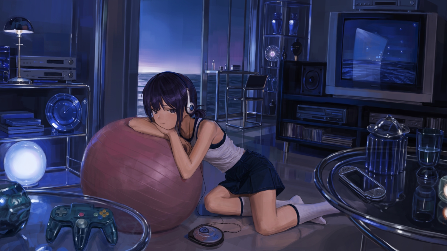 an_yb, ball, black_eyes, dark, drink, flat_chest, game_console, headphones