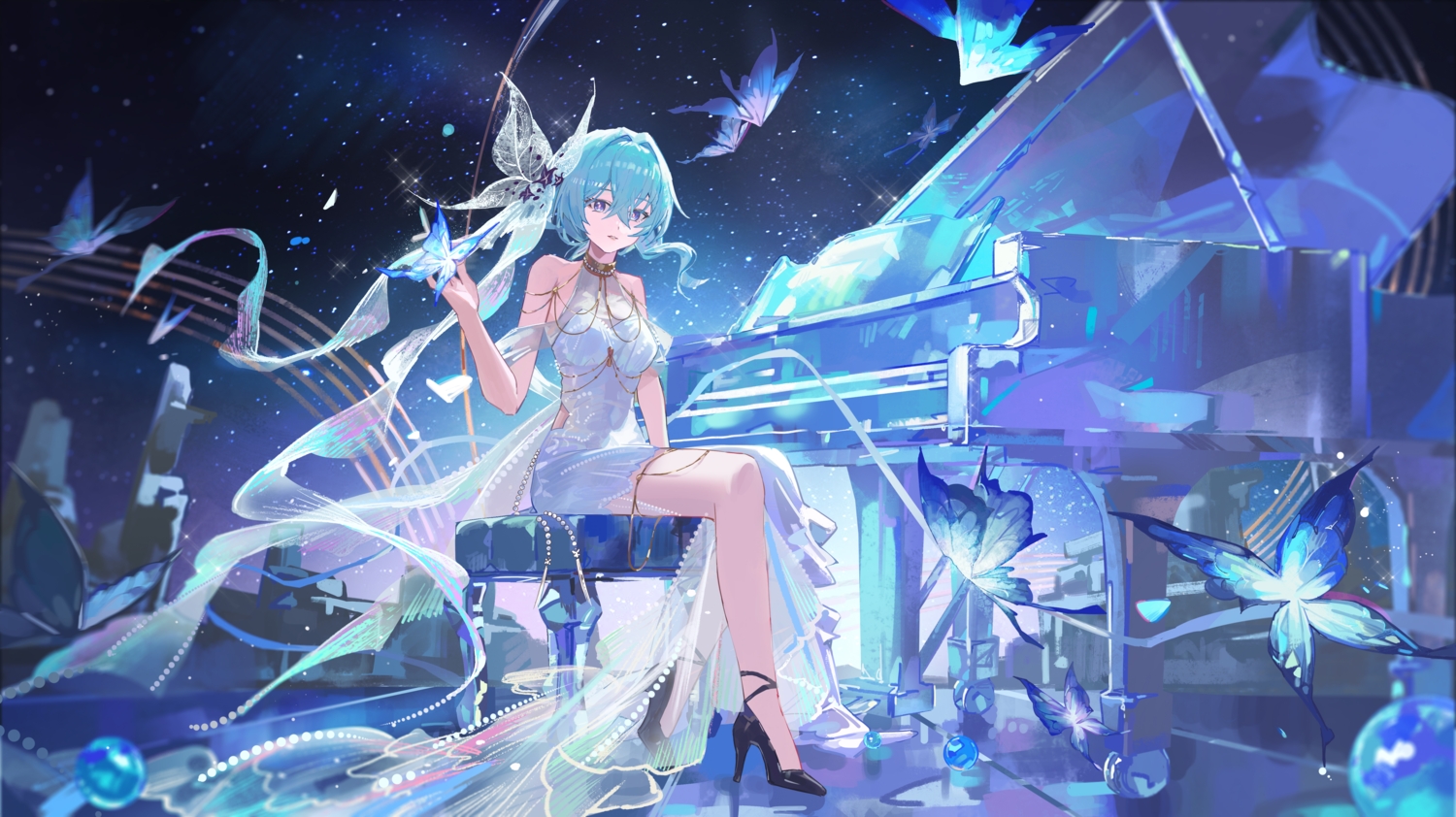 aqua_hair, butterfly, choker, dress, garter, instrument, night, piano