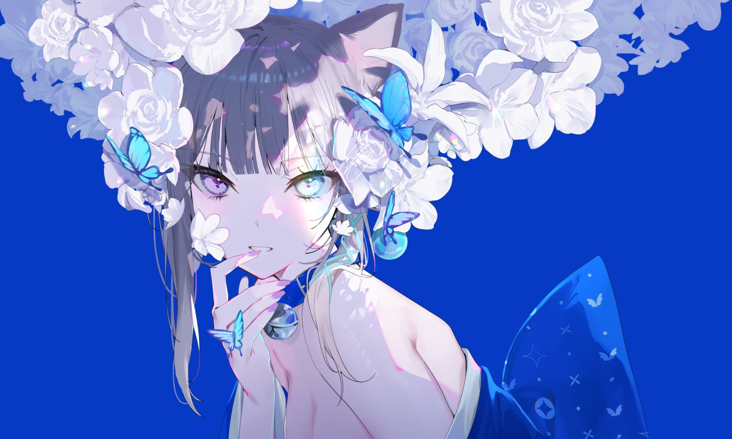 animal_ears, bell, bicolored_eyes, blue, breasts, butterfly, cleavage, close