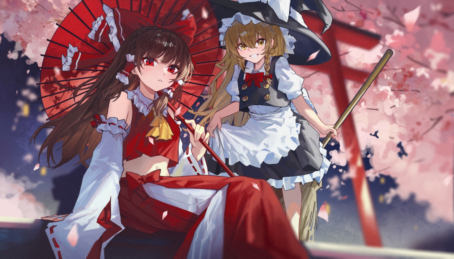 2girls, apron, blonde_hair, bow, braids, brown_hair, cherry_blossoms, flowers