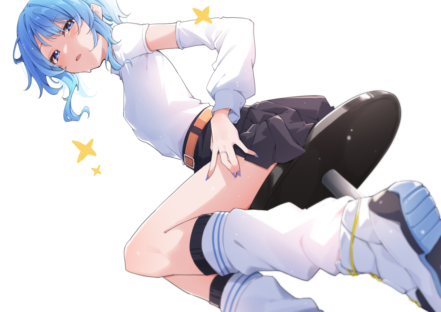 airenif, blue_eyes, blue_hair, blush, flat_chest, hololive, hoshimachi_suisei, kneehighs