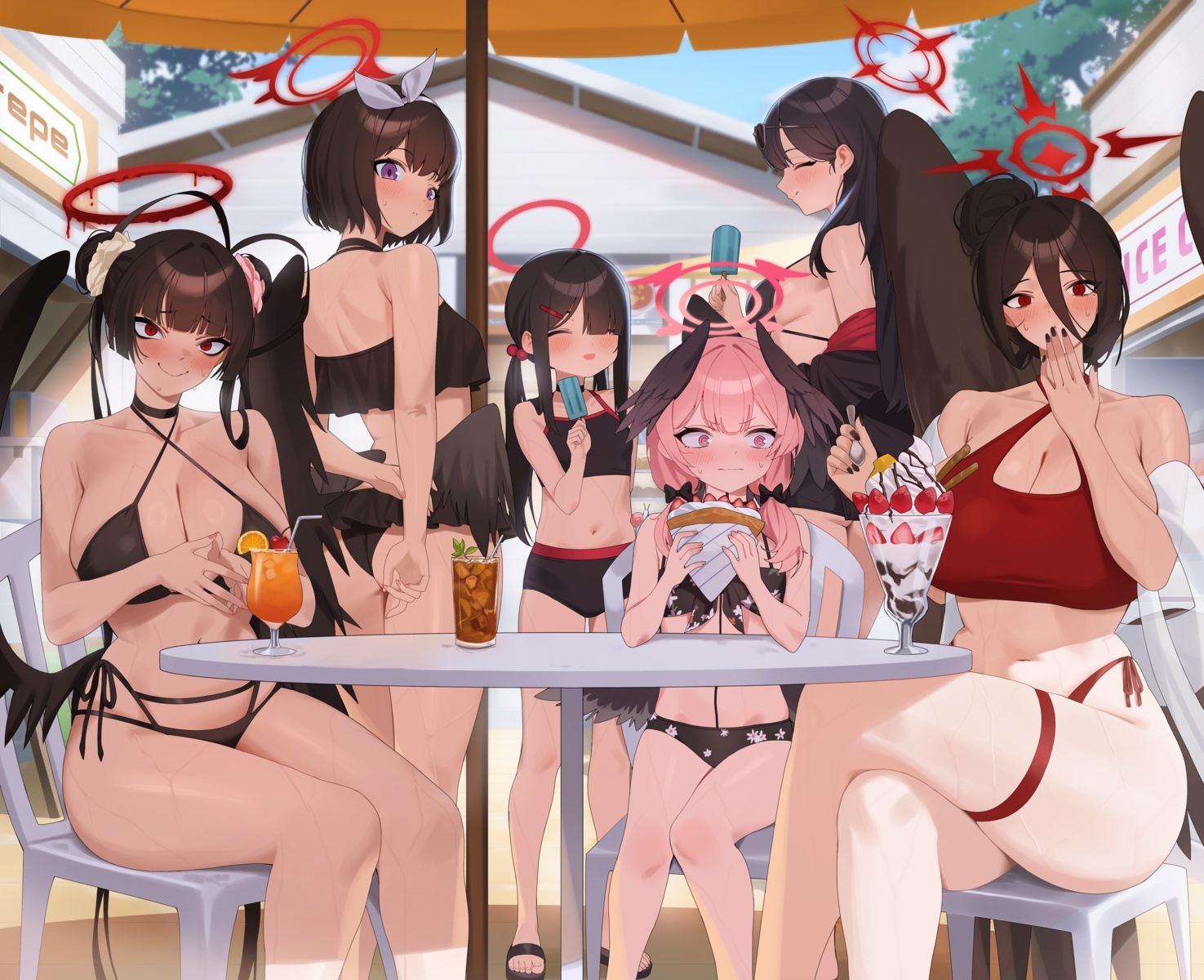 bikini, black_hair, blue_archive, blush, breasts, building, cherry, choker, cleavage, ddog, drink, flat_chest, food, fruit, garter, group, halo, hanekawa_hasumi, headband, ice_cream, justice_committee_club_member_(blue_archive), kenzaki_tsurugi, loli, long_hair, nakamasa_ichika, orange_(fruit), pink_eyes, pink_hair, popsicle, purple_eyes, red_eyes, shade, shimoe_koharu, shizuyama_mashiro, short_hair, sunglasses, swimsuit, twintails, wet, wings