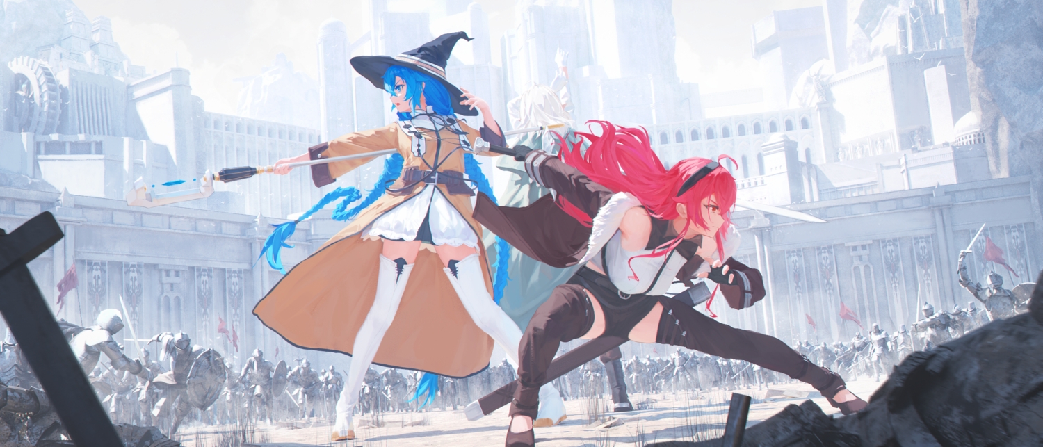 armor, blue_eyes, blue_hair, boots, braids, building, cape, dress