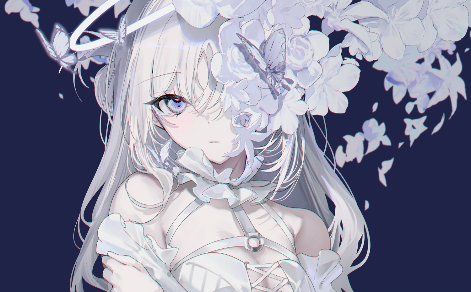 aliasing, blue_eyes, butterfly, close, flowers, halo, long_hair, miwano_ragu