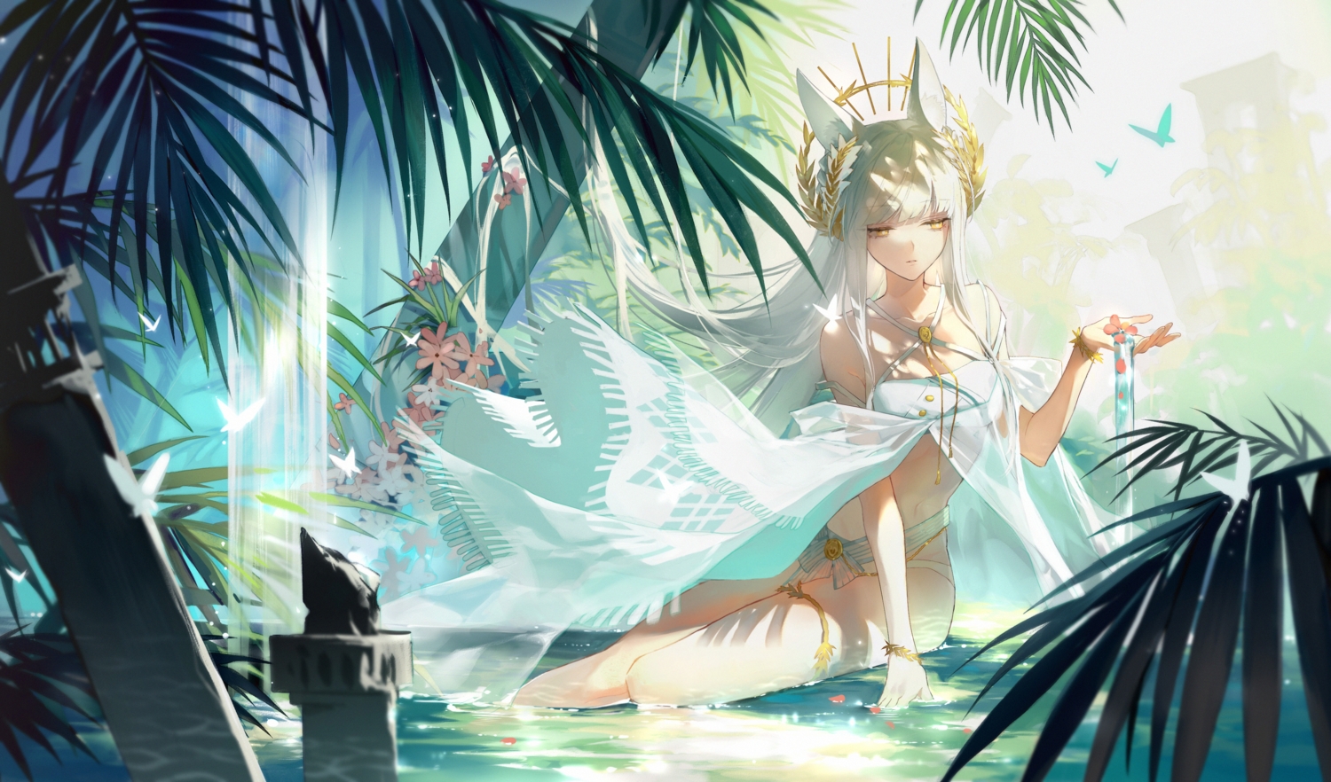 animal_ears, arknights, butterfly, garter, gray_hair, long_hair, platinum_(arknights), renjian_shilian