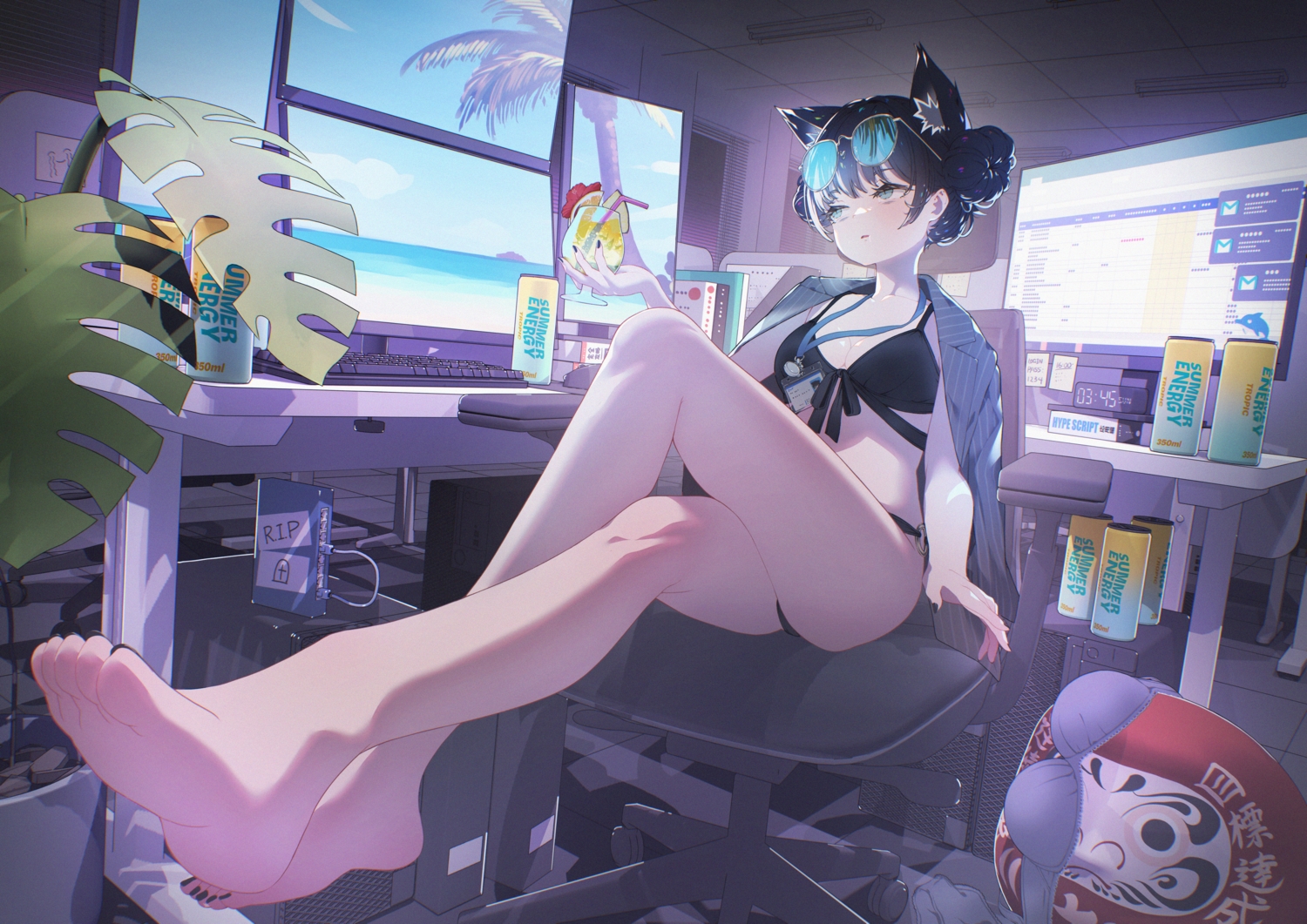 animal_ears, aqua_eyes, barefoot, bikini, black_hair, breasts, catgirl, cleavage, computer, drink, food, fruit, hoji_(hooooooooji1029), original, sunglasses, swimsuit