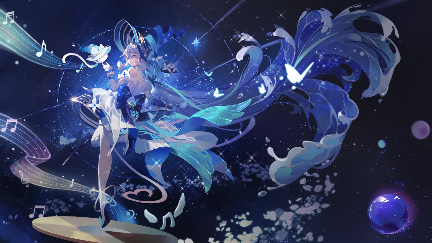 aqua_eyes, gray_hair, hat, luo_tianyi, music, stars, vsinger, water